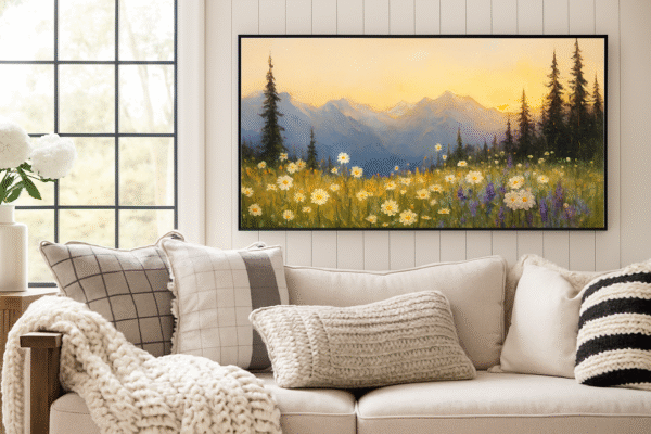 Sunset Wildflower Meadow Landscape,Digital Oil Painting Art for Frame TV ,4K Nature Wall Decor