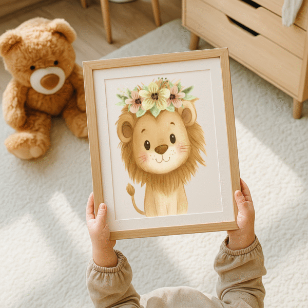 Adorable Baby Lion Digital Wall Art – Woodland Safari Nursery Print for Kids’ Room Decor (8.5x11 in PNG & PDF)