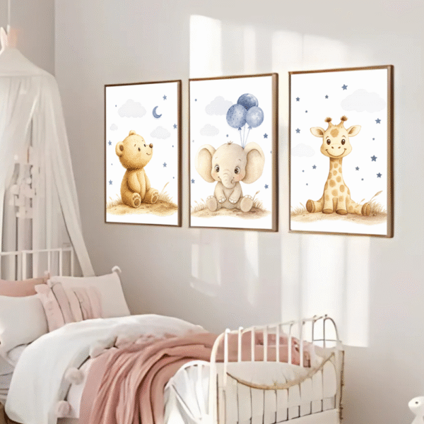 Dream Bear, Balloon Elephant & Giraffe Wall Art Set – Safari Nursery Digital Prints (8.5x11 in PNG, JPG & PDF)