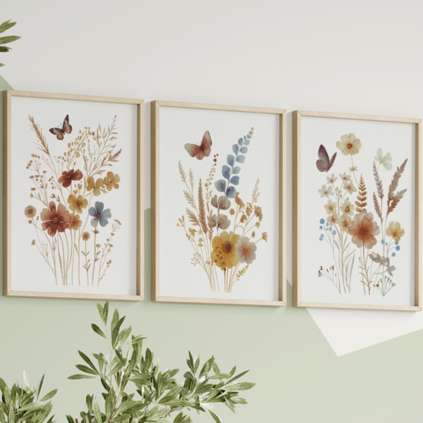 Boho Wildflower Wall Art Prints | Botanical Watercolor Flower Posters | Digital Download Set of 3 | PNG, JPG & PDF 8.5x11"