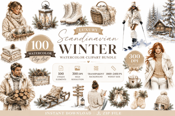 Premium Scandinavian Winter Watercolor Collection featuring Cozy Fashion Illustrations, Hygge Decor, Winter Lifestyle Elements, and Nordic-Inspired Clipart.
