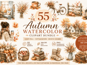 55 Autumn Watercolor Clipart Bundle | Cozy Fall Cottagecore PNG Collection | Rustic Seasonal Watercolor Elements | Transparent Background