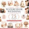 Romantic Blush Watercolor Wedding Clipart Bundle | 75 Elegant Bridal PNG Elements