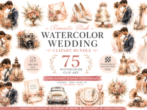 Romantic Blush Watercolor Wedding Clipart Bundle | 75 Elegant Bridal PNG Elements