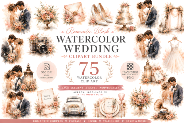 Romantic Blush Watercolor Wedding Clipart Bundle | 75 Elegant Bridal PNG Elements