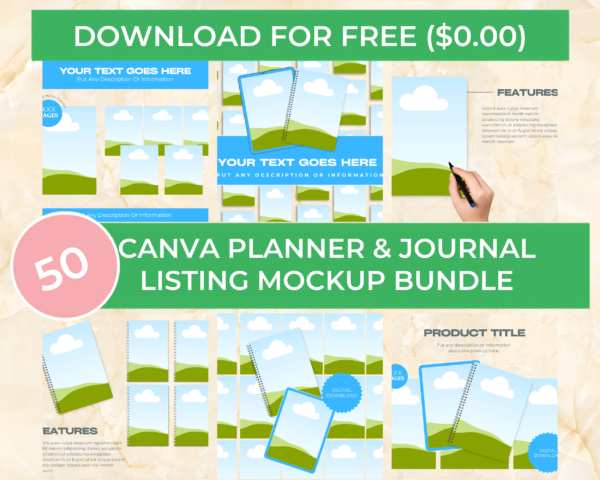 Free Planner & Journal Listing Mockup Bundle – 50 Canva Editable Mockup Templates for Digital & printable Planners