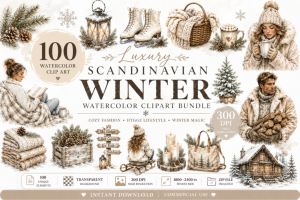 Premium Scandinavian Winter Watercolor Collection featuring Cozy Fashion Illustrations, Hygge Decor, Winter Lifestyle Elements, and Nordic-Inspired Clipart.