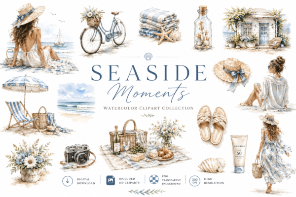 SEASIDE MOMENTS Watercolor Clipart Bundle | 150 Coastal Lifestyle PNGs | Beach Summer Clipart | Luxury Watercolor Illustrations | Digital Download