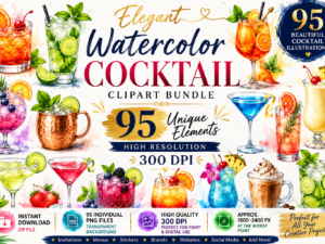 Watercolor Cocktail Clipart Bundle | 95 Colorful Mixed Drink PNGs | Alcohol Drink Clip Art | Bar Menu Graphics | Transparent Background
