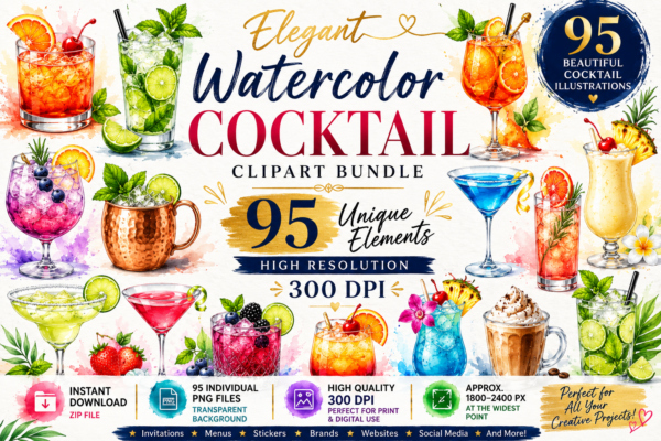 Watercolor Cocktail Clipart Bundle | 95 Colorful Mixed Drink PNGs | Alcohol Drink Clip Art | Bar Menu Graphics | Transparent Background