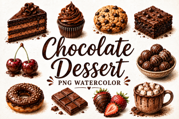 Chocolate Dessert Watercolor Clipart Bundle PNG | Sweet Bakery Clip Art | Chocolate Cake, Cookies, Truffles, Cupcakes | Commercial Use