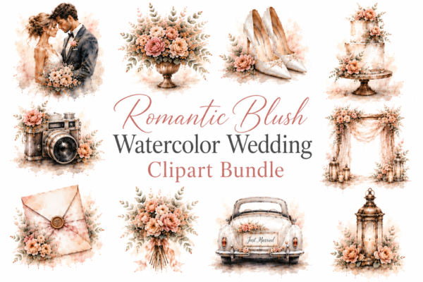 Romantic Blush Watercolor Wedding Clipart Bundle | 75 Elegant Bridal PNG Elements | Soft Floral Wedding Illustrations timeless collection of 75 hand-painted watercolor wedding cliparts featuring romantic couples, florals, bridal details, and elegant wedding décor in soft blush and neutral tones.