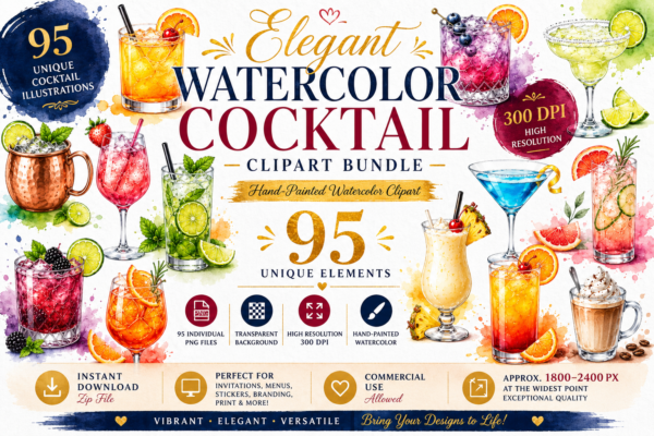 Watercolor Cocktail Clipart Bundle | 95 Colorful Mixed Drink PNGs | Alcohol Drink Clip Art | Bar Menu Graphics | Transparent Background