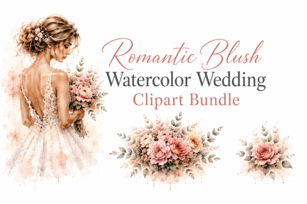 Romantic Blush Watercolor Wedding Clipart Bundle | 75 Elegant Bridal PNG Elements | Soft Floral Wedding Illustrations
