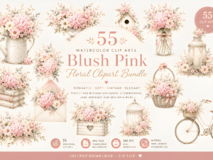 55 Blush Pink Watercolor Floral Clipart Bundle | Romantic Cottagecore Flowers PNG | Vintage Wedding Florals | Shabby Chic Botanical Set