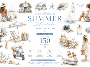 SEASIDE MOMENTS Watercolor Clipart Bundle | 150 Coastal Lifestyle PNGs | Beach Summer Clipart | Luxury Watercolor Illustrations | Digital Download