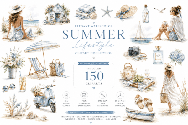 SEASIDE MOMENTS Watercolor Clipart Bundle | 150 Coastal Lifestyle PNGs | Beach Summer Clipart | Luxury Watercolor Illustrations | Digital Download