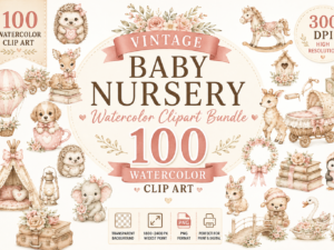 Vintage Baby Nursery Watercolor Clipart Bundle | 100 Cute Woodland & Nursery PNG Elements | Beige Boho Baby Shower Graphics