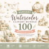 Nursery Watercolor Clipart Bundle |100 Neutral Baby Nursery PNG Set | Teddy Bear, Bassinet, Hot Air Balloon & Nursery Decor