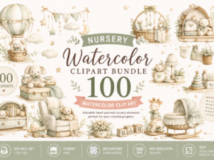 Nursery Watercolor Clipart Bundle |100 Neutral Baby Nursery PNG Set | Teddy Bear, Bassinet, Hot Air Balloon & Nursery Decor