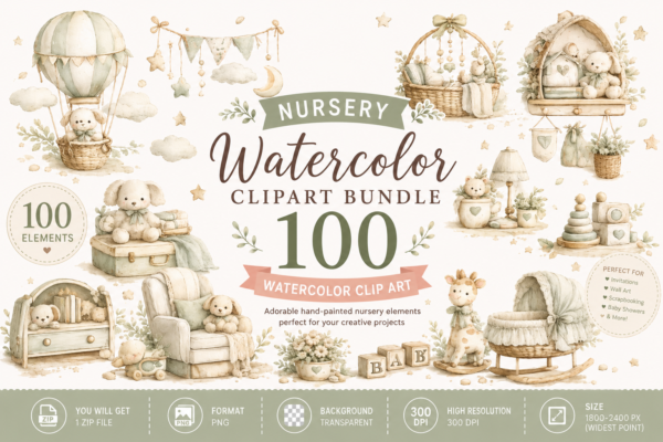 Nursery Watercolor Clipart Bundle |100 Neutral Baby Nursery PNG Set | Teddy Bear, Bassinet, Hot Air Balloon & Nursery Decor