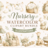 Nursery Watercolor Clipart Bundle |100 Neutral Baby Nursery PNG Set | Teddy Bear, Bassinet, Hot Air Balloon & Nursery Decor