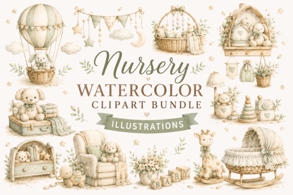 Nursery Watercolor Clipart Bundle |100 Neutral Baby Nursery PNG Set | Teddy Bear, Bassinet, Hot Air Balloon & Nursery Decor