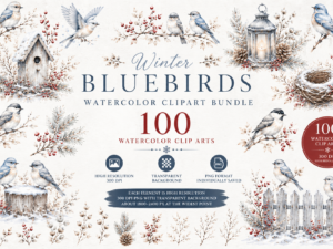 Winter birds Watercolor Clipart Bundle | 100 PNG Winter Birds & Berries Illustrations | Snowy Birdhouse, Nest, Pinecones, Botanical Elements