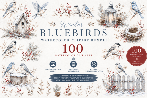 Winter birds Watercolor Clipart Bundle | 100 PNG Winter Birds & Berries Illustrations | Snowy Birdhouse, Nest, Pinecones, Botanical Elements