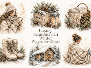 Luxury Scandinavian Winter Watercolor Clipart Bundle | 100 Cozy Hygge PNGs | Nordic Winter Fashion & Lifestyle Clipart | Commercial Use