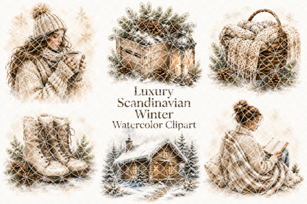 Luxury Scandinavian Winter Watercolor Clipart Bundle | 100 Cozy Hygge PNGs | Nordic Winter Fashion & Lifestyle Clipart | Commercial Use