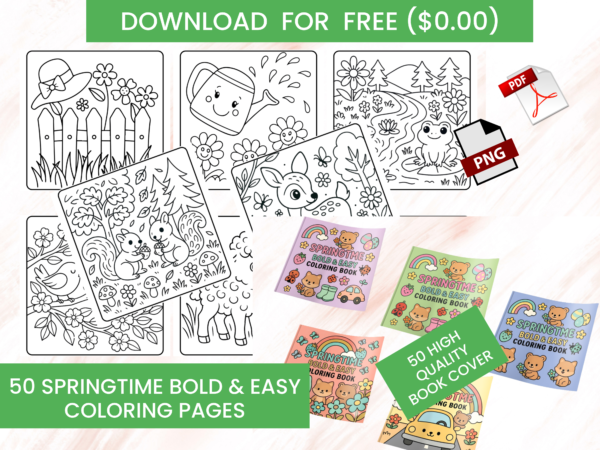 Bold & Easy Coloring Book for Kids – 50 Cute Coloring Pages PDF & PNG Free download