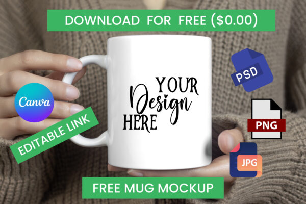 Free Cozy Mug Mockup PSD, PNG & JPG – Editable Canva Coffee Cup Mockup for Product Display