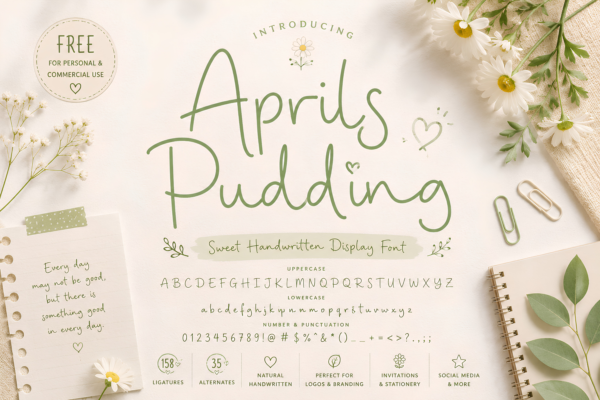 Aprils Pudding Font – Free Sweet Handwritten Display Font with Ligatures & Alternates