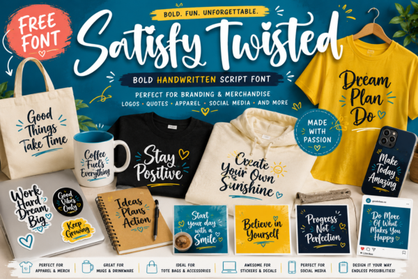 Satisfy Twisted Font – Free Bold Handwritten Script Font for Logos, Branding & Packaging